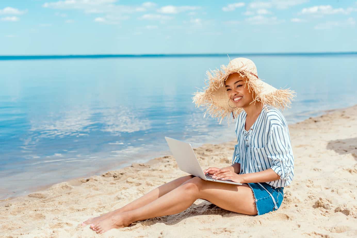 woman working on a beach