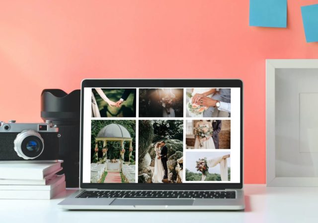 laptop zobrazující Svatební fotografie k úpravě