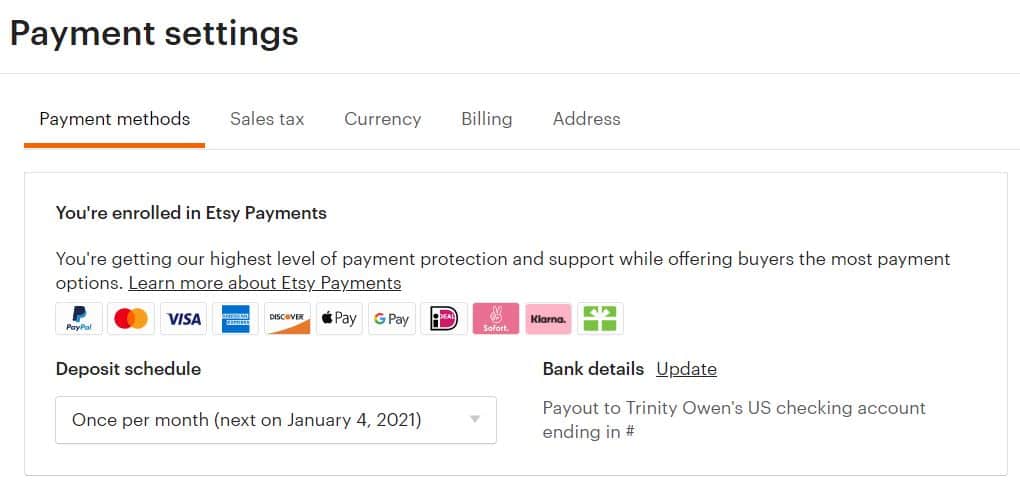 Etsy payment settings