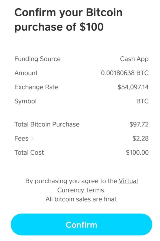 Bitcoin purchase confirmation on Cash App