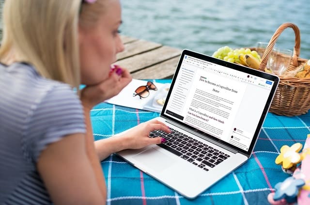 Woman copyediting document online