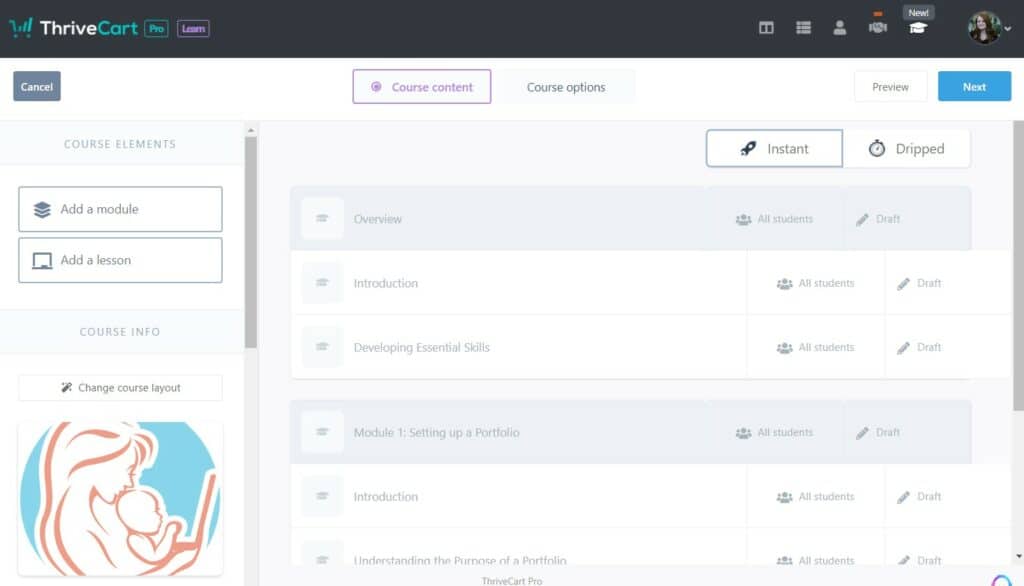 Screenshot of Learn Course Creator on ThriveCart