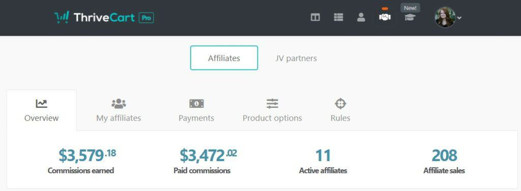 Screenshot of affiliate earnings in ThriveCart