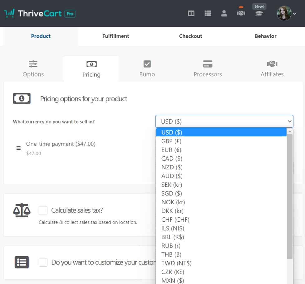 Screenshot of payment and tax settings on ThriveCart