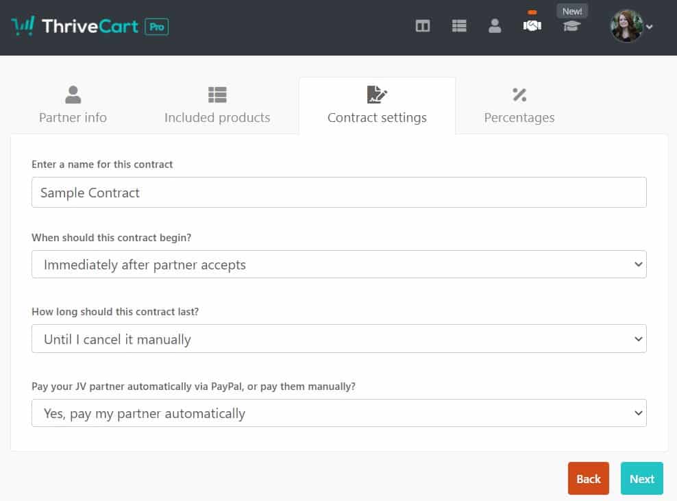 Screenshot of setting up a JV Contract on ThriveCart