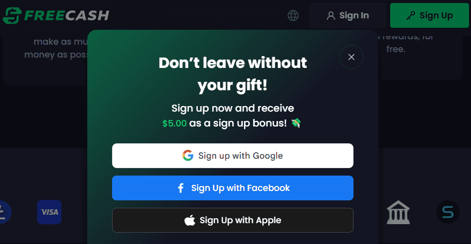 Free Cash $5 sign up bonus