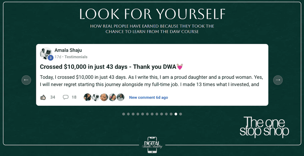 DWA testimonial $10 in 43 days