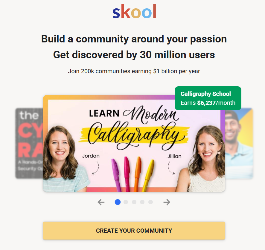 Skool screenshot $6,237 per month Calligraphy School